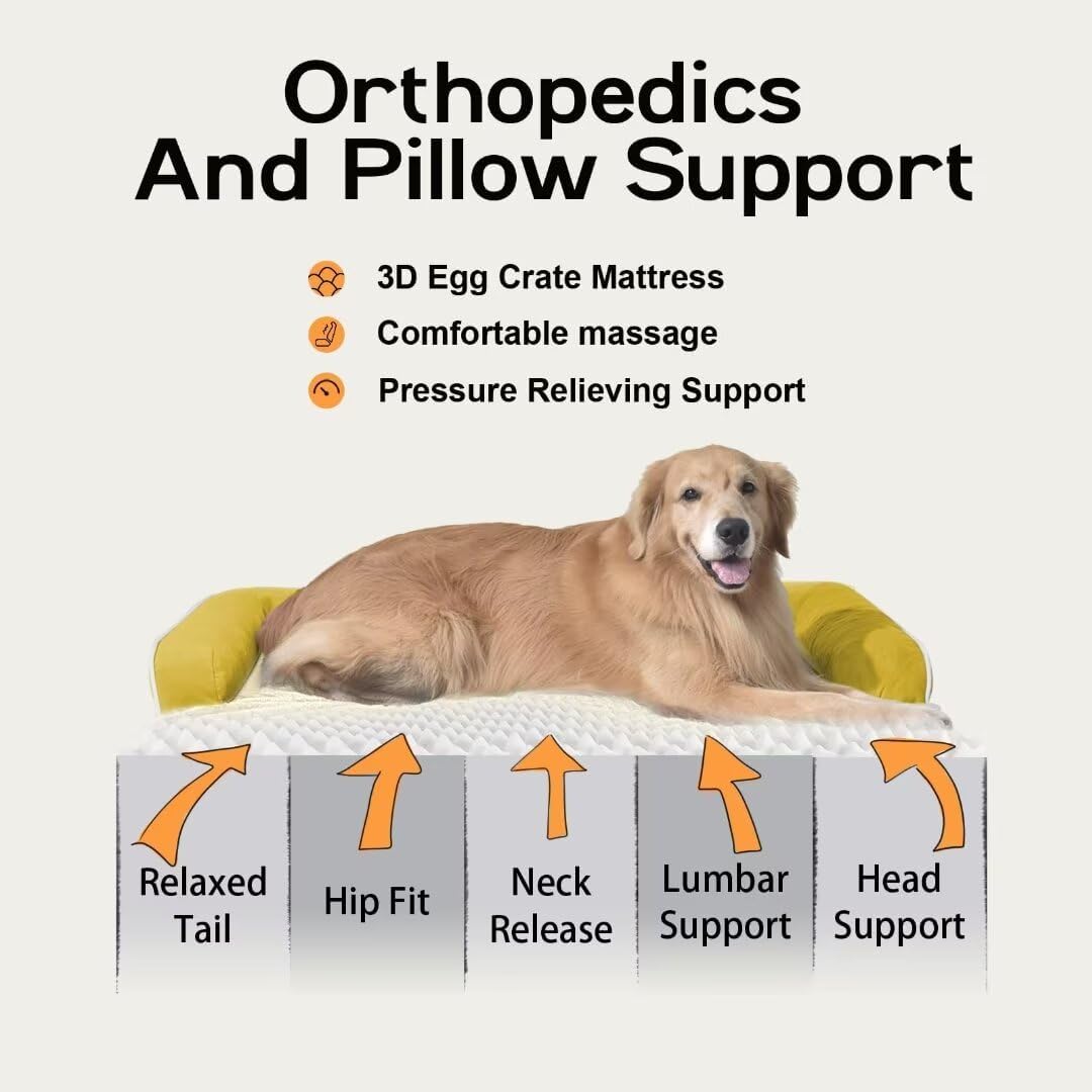 Large Dog Bed Orthopedic Washable | Beds Bolster Pet | XL Large Big Dogs | Memory Foam Couch Sofa | Waterproof with Removable Cover - Ginger Yellow Dog Bed