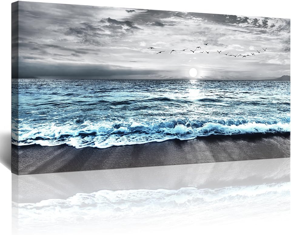 Lapremoly Black And White Beach Wall Painting Canvas Wall Art For Living Room Large Wall Decor For Bedroom Office Wall Decorations Blue Ocean Sea Wave landscape Pictures Artwork Posters Home Decor