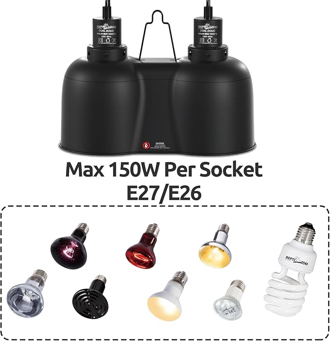 REPTI ZOO Dual Reptile Light Fixture, Max 150W Nano Dual Dome Heat Lamp Fixture with Independent Switches Reptile Tank Accessories UVB Light Fixture (Bulb Not Included)