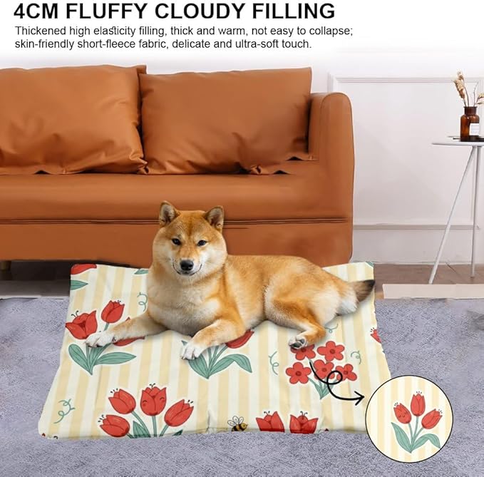 Red Floral Yellow Striped Puppy Bed for Crate Dog Crate Mattress Puppy Pad Dog Bed Washable Non-Slip Rectangle Mats for Dogs Carriers & Travel Products Indoor Outdoor 36X24 Inch