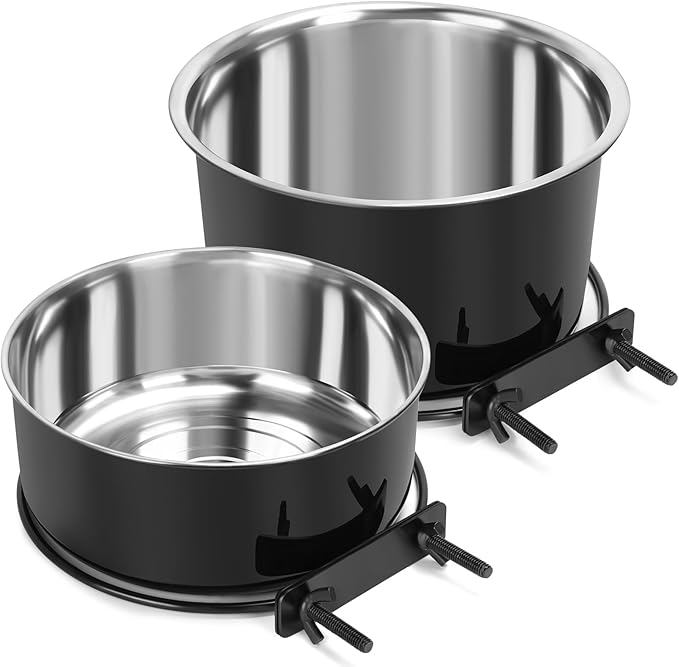 2 Pcs Black Large Pet Dog Food Water Bowl for Cage Stainless Steel Non-Spill Kennel Hanging Cats Bowls with Clamp Holder Crate Feeder Dish for Medium Large Dogs Huge Pets (7.1x3.5'' & 6.3x2.6'')