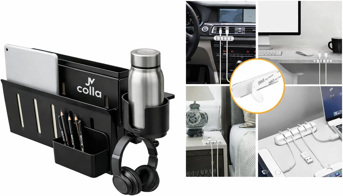 Desk Side Storage Organizer with Laptop Holder & Clamp Cup Holder, Hanging Desk Organizer with Cable Management & Magnetic Pen Tray for Vertical Laptop Storage