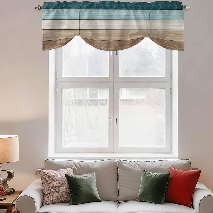 Teal Brown Tie Up Valance Curtains
