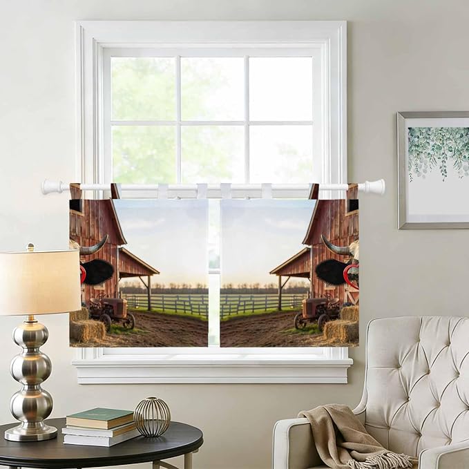 Farm Cows Kitchen Curtains 24 Inch Length, Small Window Curtains Tab Top