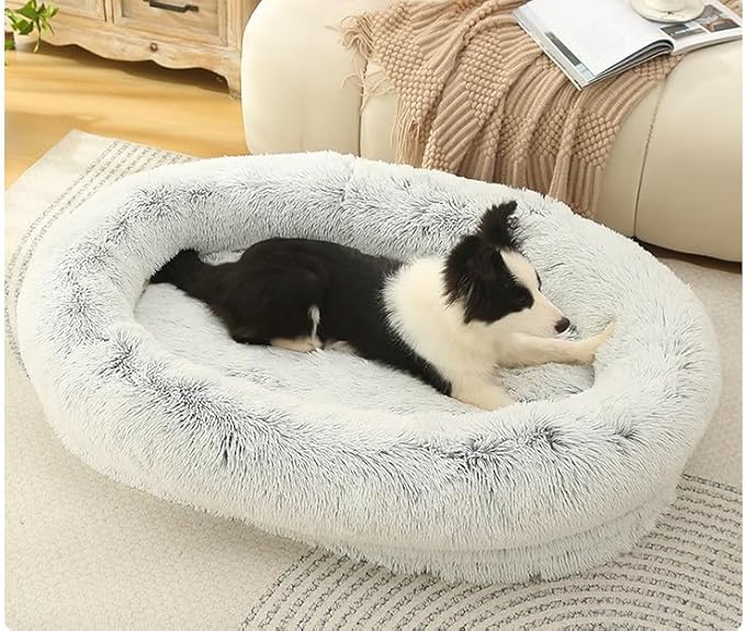 Glow Pups Calming Dog Bed with Memory Foam Nesting Bolster, Ultra-Soft Faux Fur, Removable Fur Cover, Non-Slip Base, Machine Washable, Suitable for All Dog Breeds, Light Grey (29.5" X 21.7" X 7")