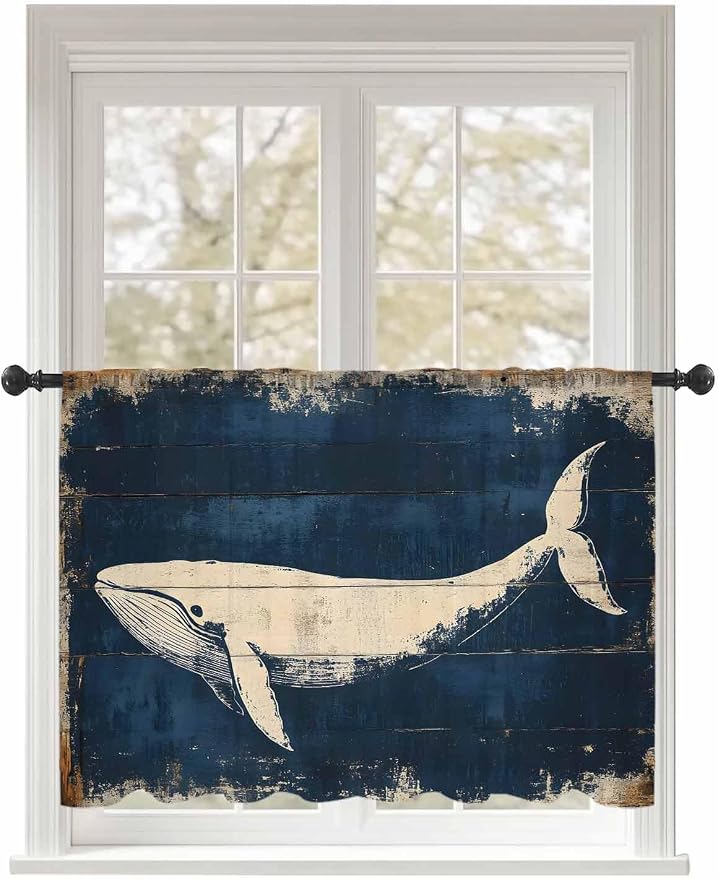 Sheer Curtains 54 Inch Length, Ocean Whale Blue Semi Sheer Curtains Light