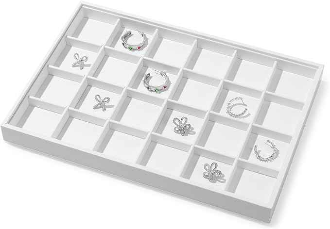 Oirlv Premium White Leather Stackable Jewelry Tray 24 Grid Jewelry Drawer