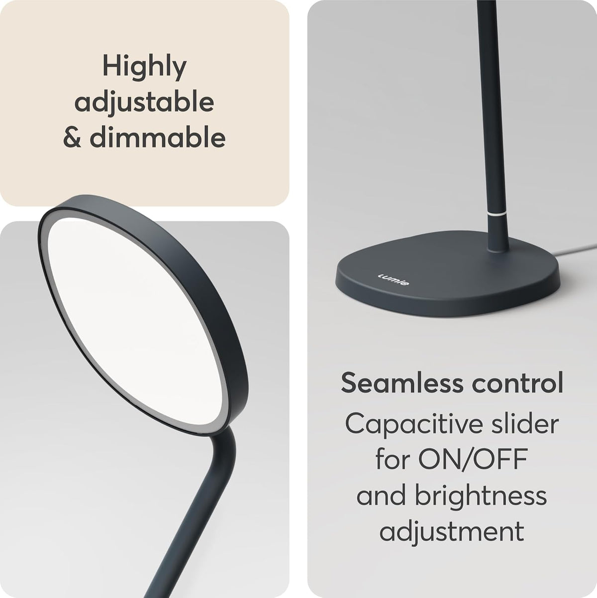 Lumie Task - 10,000 Lux Adjustable Bright Light Therapy Desk Lamp for Mood and Energy Boost and Winter Blues Relief, Crystal Clear Illumination and Maximum Visual Comfort - White Mist (Charcoal Blue)