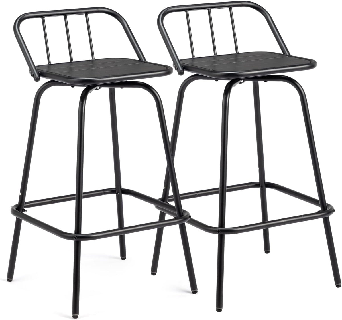 VINGLI 2 PCS Outdoor Swivel Bar Stools, 30 Inch Metal Barstools with Backrest & Footrest, 360° Rotating All-Weather Stools for Garden, Balcony, Kitchen Island (Black)