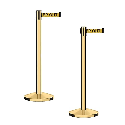 CCW Series RBB-100 - Set of 2 Stanchion Retractable Belt Barriers (7.5 Foot Belt, Yellow with"Danger - Keep Out" Black Letters Belt with Polished Brass Post)