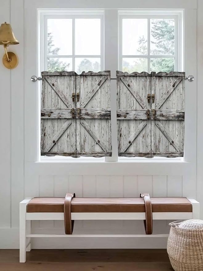 Vintage Gate Half Window Curtain 36 Inches Long, Farmhouse Wooden Grain Shabby