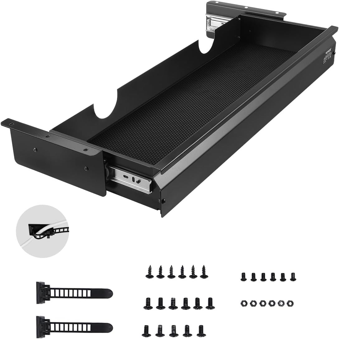 VEVOR Under Desk Drawer Slide Out, 26 inch Under Desk Mounted Pull-out Drawer Attachment, Hidden Under Counter Drawers for office Home Sit Stand Workstation, Black