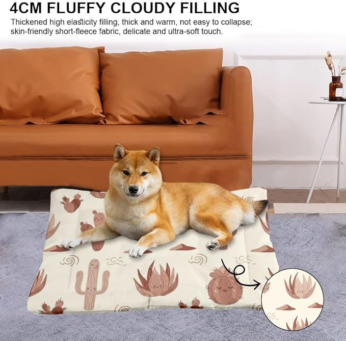 Beige Brown Cute Cactus Dog Beds and Furniture Dog Bed Mat Bed Pads Washable Beds for Crates Washable Non-Slip Crate Small Size Mat and Furniture Indoor Outdoor 36X24 Inch