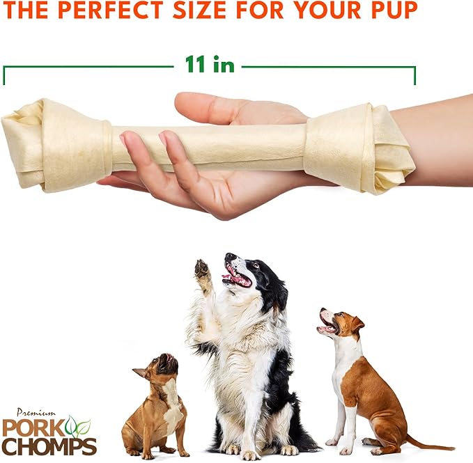 Pork Chomps Baked Pork Skin Dog Chews, 11 Inch Knots, 4 Count, 1 Pack - Long-Lasting Treats for Dogs - High Protein, Rawhide-Free, Low Fat, Healthy & Delicious Chews