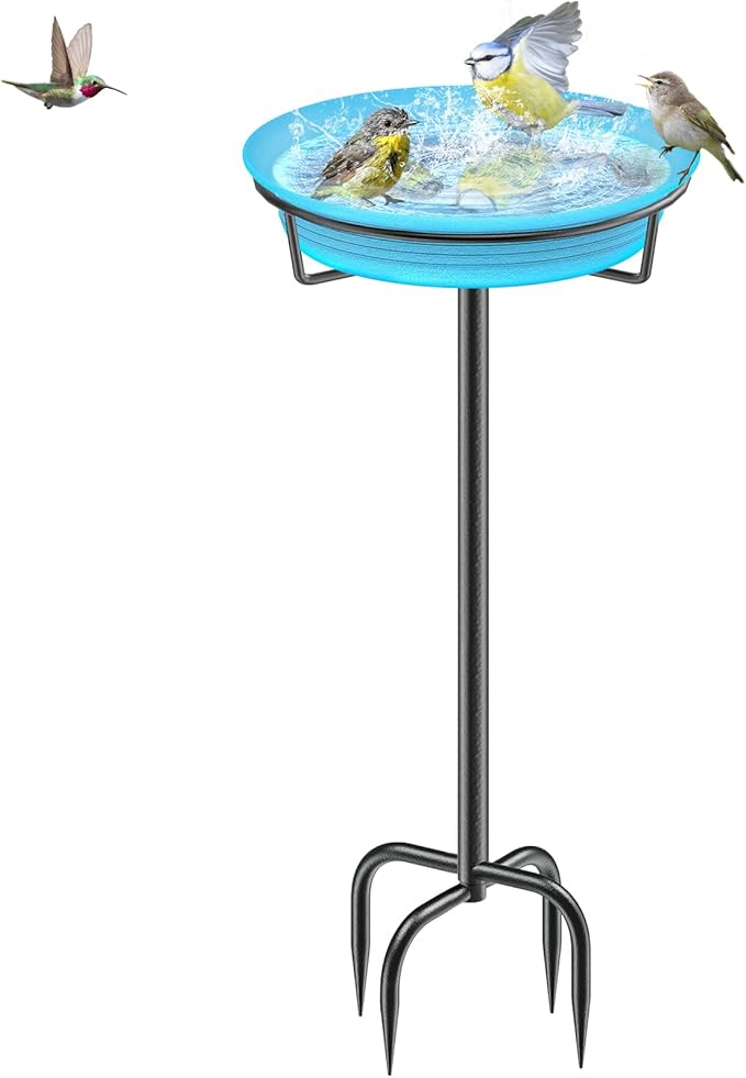 35.5In Freestanding Birdbaths Bowl Outdoor, Free Standing Garden Bird Bath Bird Feeder Bowl with Metal Stake, Detachable Decoration Spa Birdfeeder for Garden Patio Yard Lawn, 4 Spiky Feet (Blue)