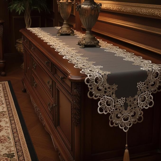 Embroidered White Lace Table Runner