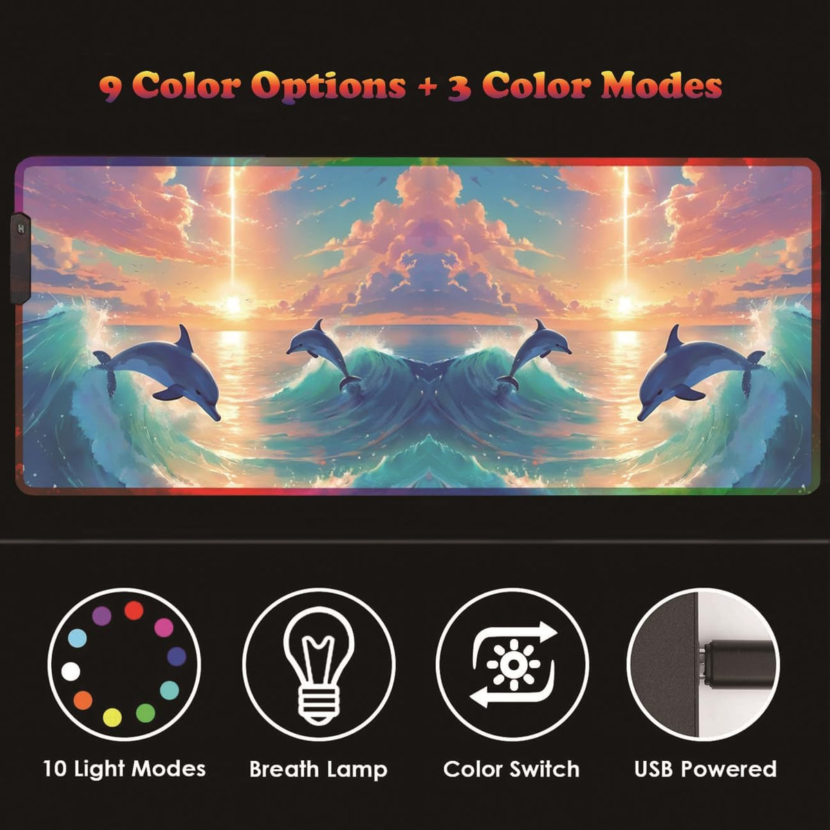 RGB Large Gaming LED Light Edge Mouse Pad + Wrist Rest + Coaster, Non-Slip Extended Waterproof Desk Mat with Stitched Edges 31.5"x11.8" for Work and Gaming, Dolphins in The Moonlight