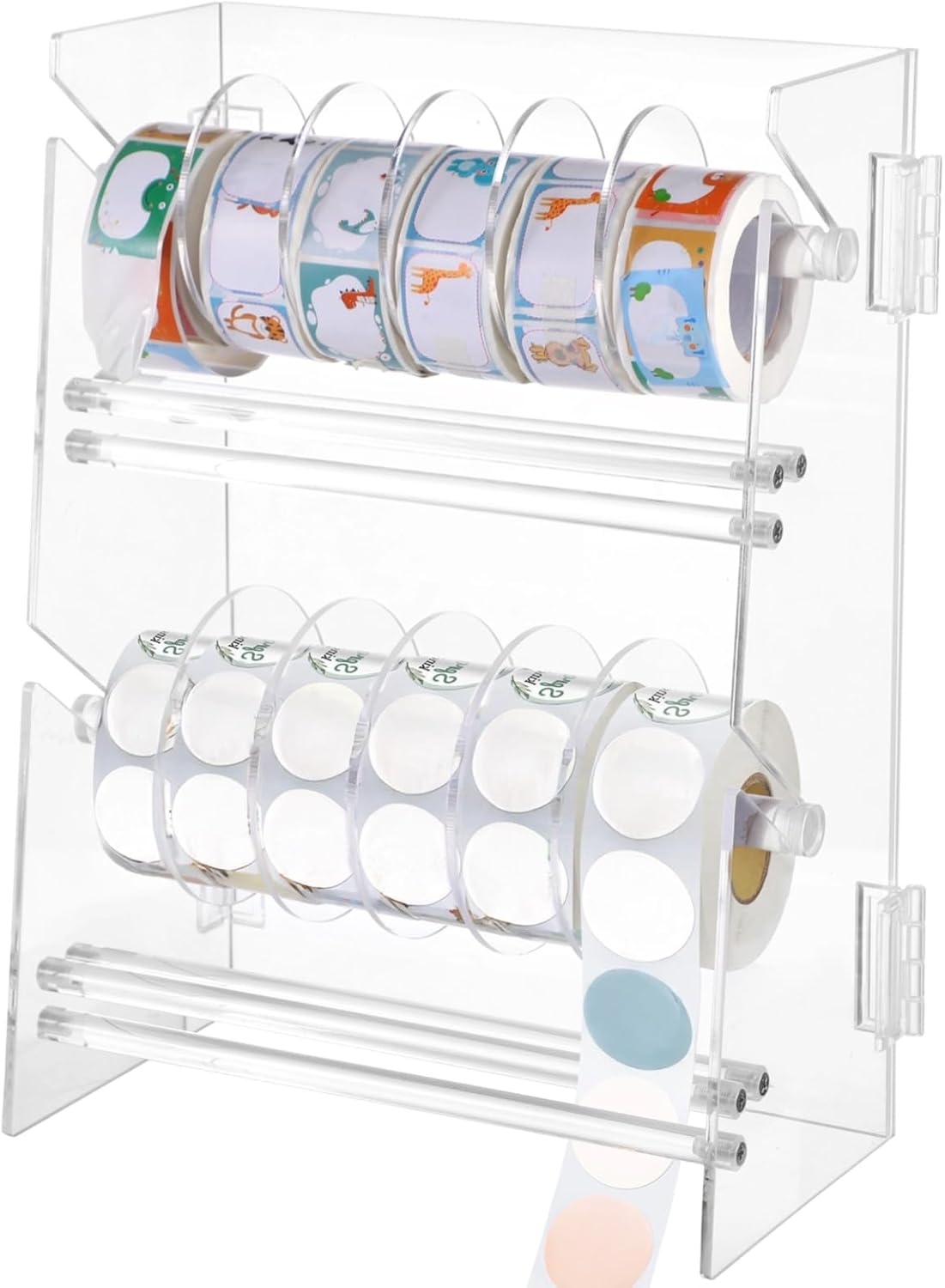 Double-Layer Acrylic Roll Sticker Dispenser, Foldable Label Roll Holder, 2-Tier Label Display Stand with Screwdriver & Screws, Transparent Label Organizer for Homes, Offices, Schools