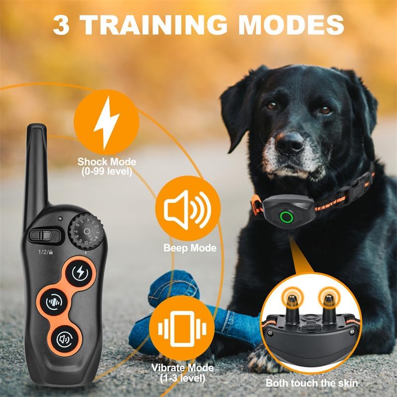 Dog Shock Collar with Remote Control,1300Ft,IP67 Waterproof Dog Training Collar with 3 Training Modes, Beep, Shock, Vibration,Safe Lock for Small, Middle,Large Dogs (Orange-O)