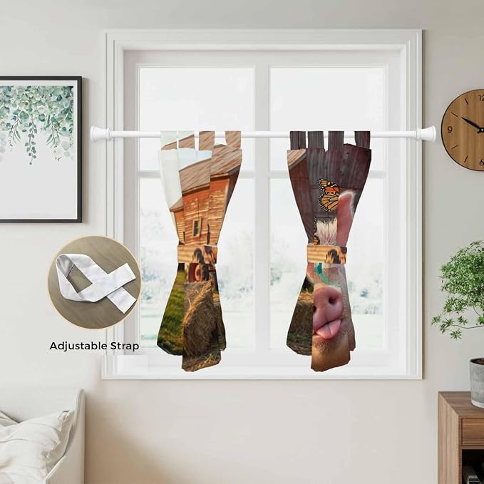 Farm Pig Kitchen Curtains 45 Inch Length, Short Cafe Window Curtains Tab Top