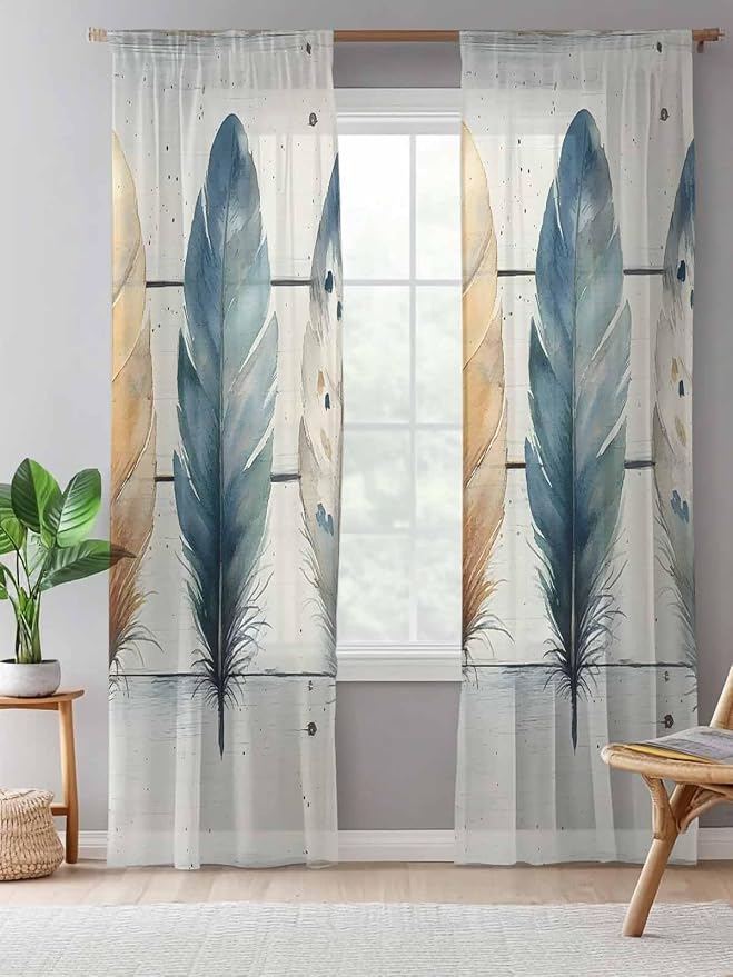 Sheer Curtains 96 Inches Long, Boho Blue Feathers Semi Sheer Curtains Light