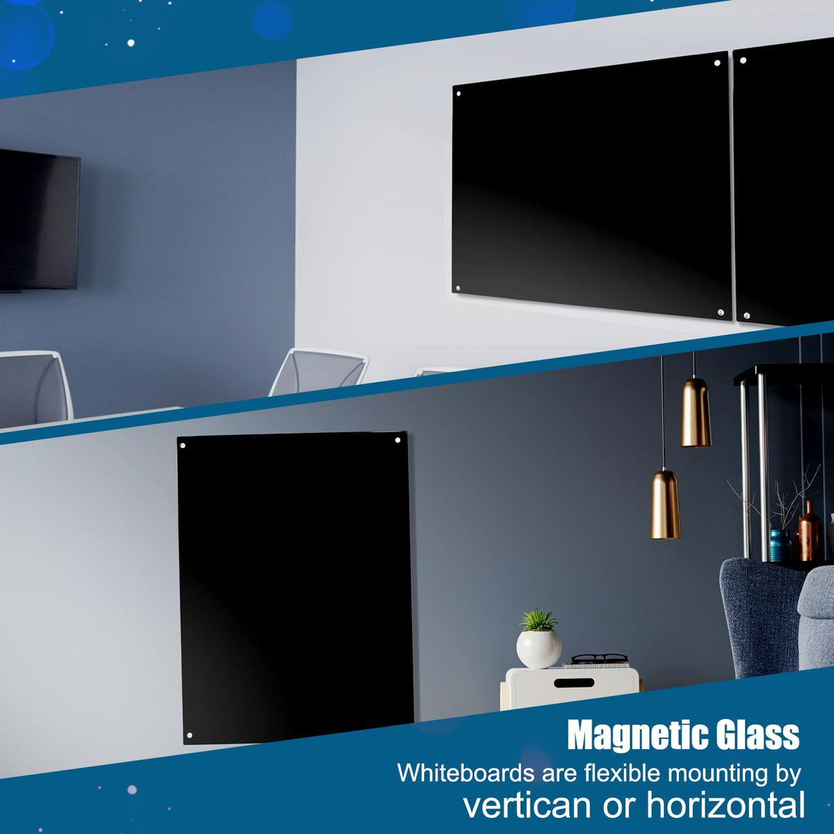 Magnetic Blackboard 48“ x 36” Black Glass Dry-Erase Board Wall-Mounted Frameless Whiteboard Bulletin Board Suitable for Offices, Schools, and Homes(Black)