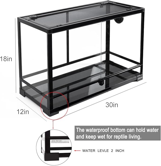 REPTI ZOO Tempered Glass Reptile Terrarium 30 Gallon, Wide Reptiles Tank 30" x 12"x 18" for Reptile Pets Bearded Dragon Gecko Lizard, Double Front Opening Doors Top Screen Ventilation