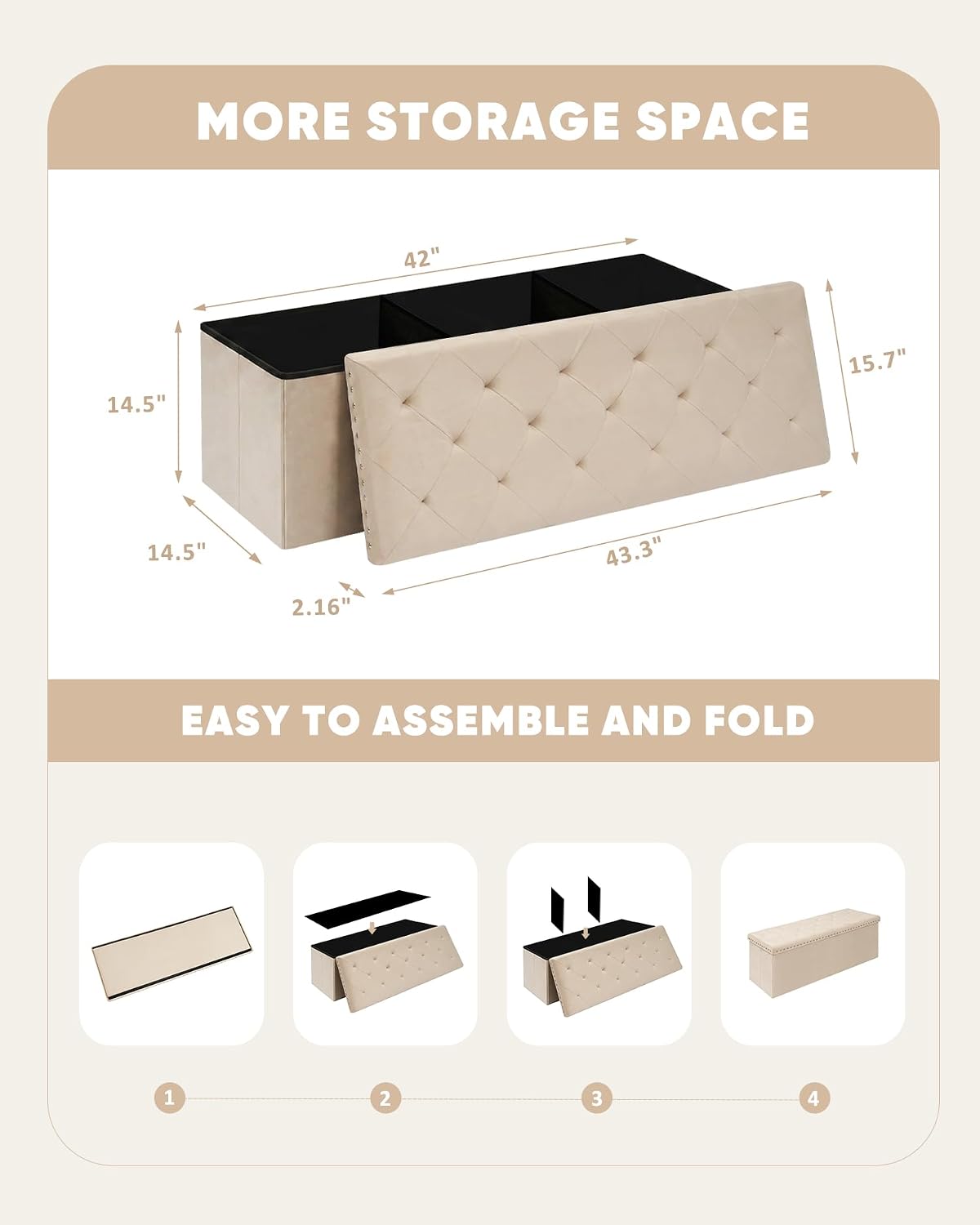 PINPLUS Folding Storage Ottoman Bench, Beige Velvet Tufted