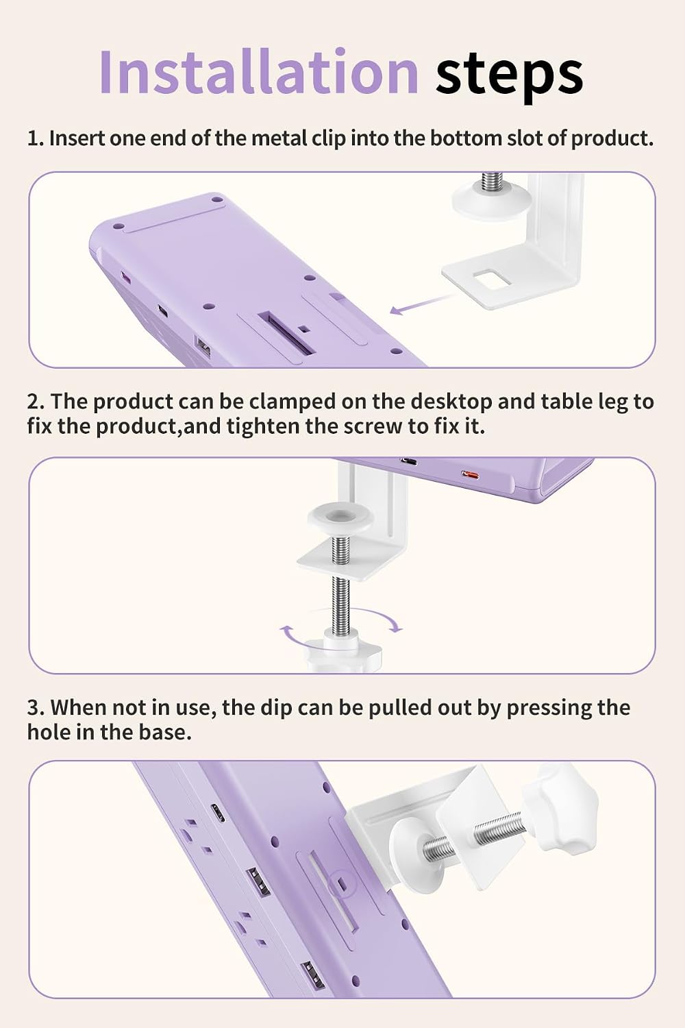 AnnTane Desk Clamp Power Strip USBC, 40W Fast Charging, 6.5 Ft, Purple