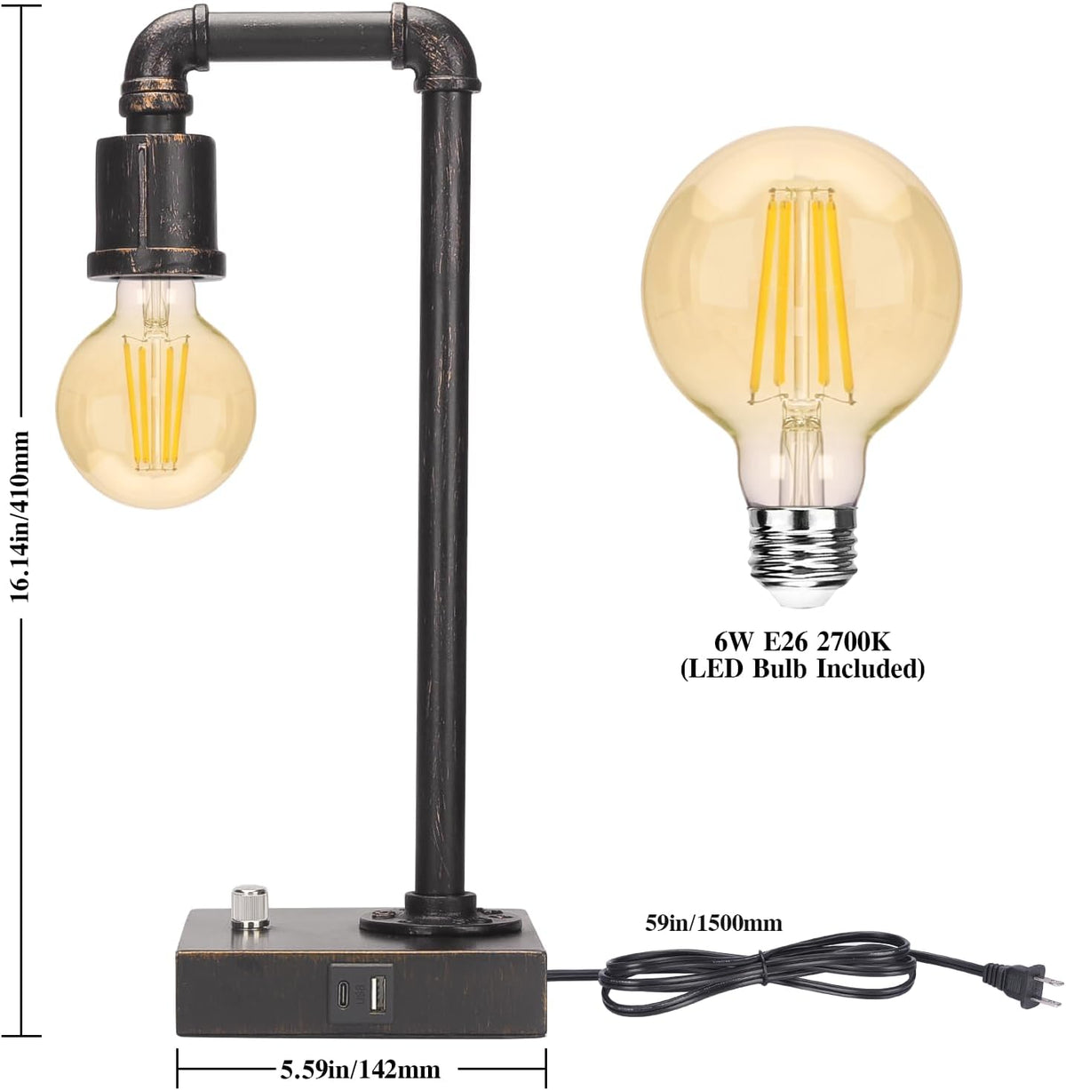 Industrial Table Lamp, Vintage Bedside Lamp with USB C and USB A Charging Ports, Dimmable Steampunk Office Lamp Metal Pipe Edison Reading Lamps for Bedroom, Dorm, Farmhouse Decor 6W LED Bulb Included