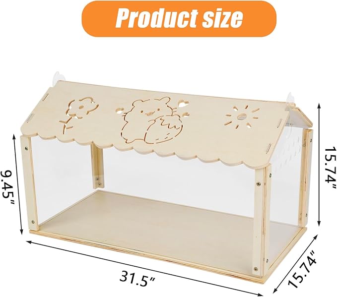 Hamster cage Wooden with Acrylic, Dwarf Hamster cage, Small Animal Habitat with Openable Top, Mouse cage for Guinea Pigs, Chinchillas, Gerbil, Syrian Hamster (31inch no Moon)