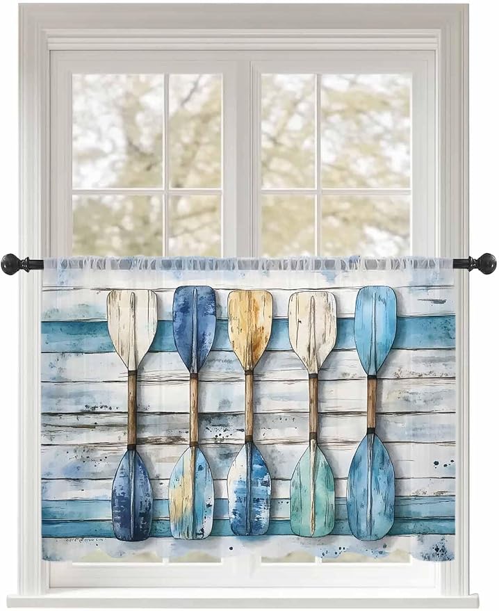 Sheer Curtains 45 Inch Length, Lake Paddle Striped Semi Sheer Curtains Light
