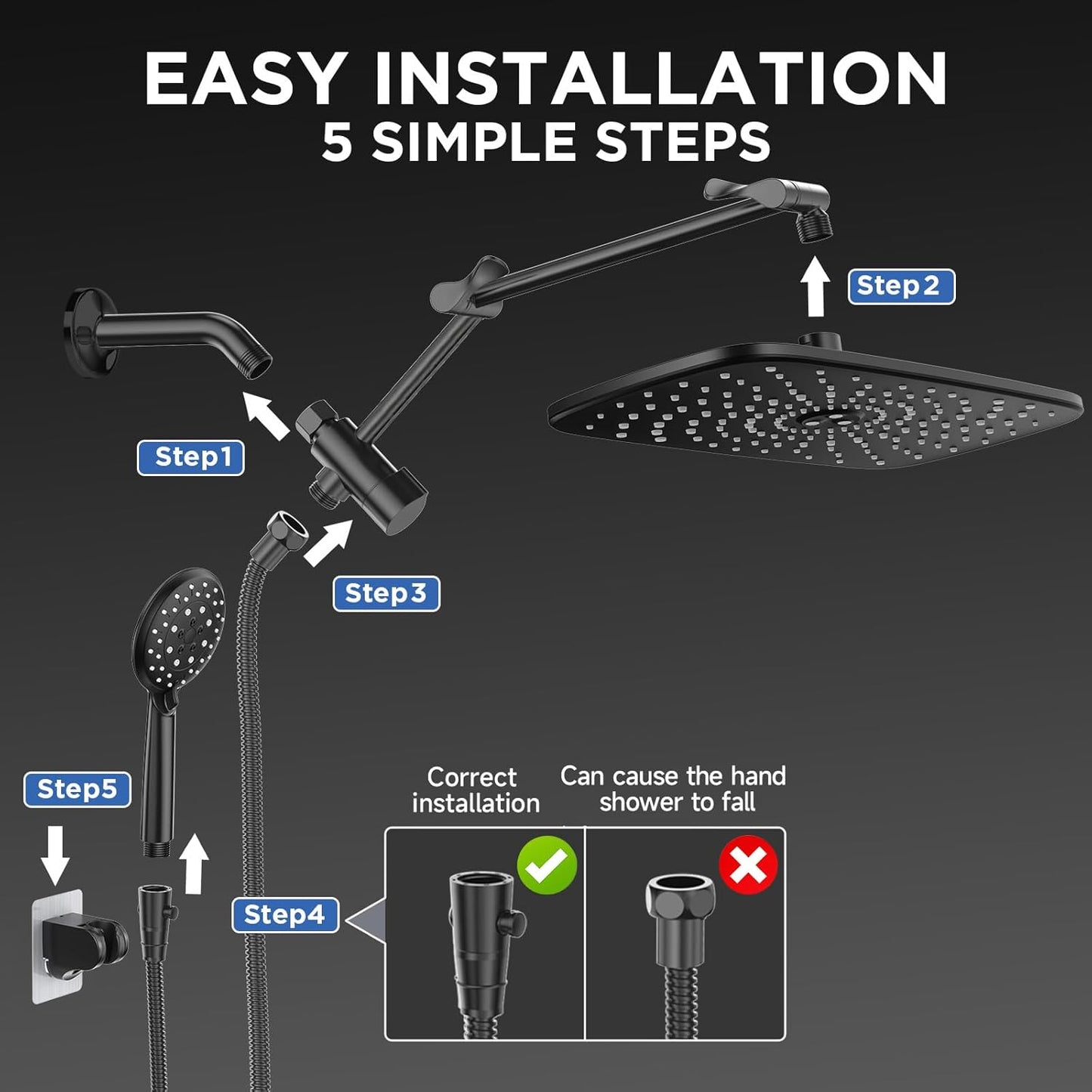Veken Wide Rain Shower Head with 6 Modes Handheld Water Spray，High Pressure Showerhead Combo with Arm for Bathroom Accessories，Home Decor Adjustable Dual Shower with Anti-Clog Nozzles，Matte Black