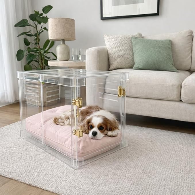 Clear Acrylic Small Dog Crate Furniture with Blush Cushion for Small Dogs up to 22 lbs, 3 in 1 Pet Crate and Gate, Modern Furniture Style Indoor Kennel, Dual Gold Latch, 16 x 24 x 18 in
