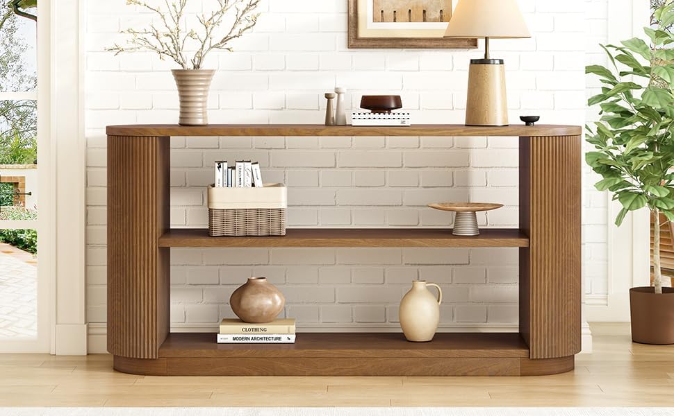 Modern Curved Console Table for Entryway, Farmhouse Solid Wood Fluted Sofa Table with Open Shelf & Elegant Wood Grain, Oval Long Foyer Table for Entry Way Hallway Living Room-58.9" Brown
