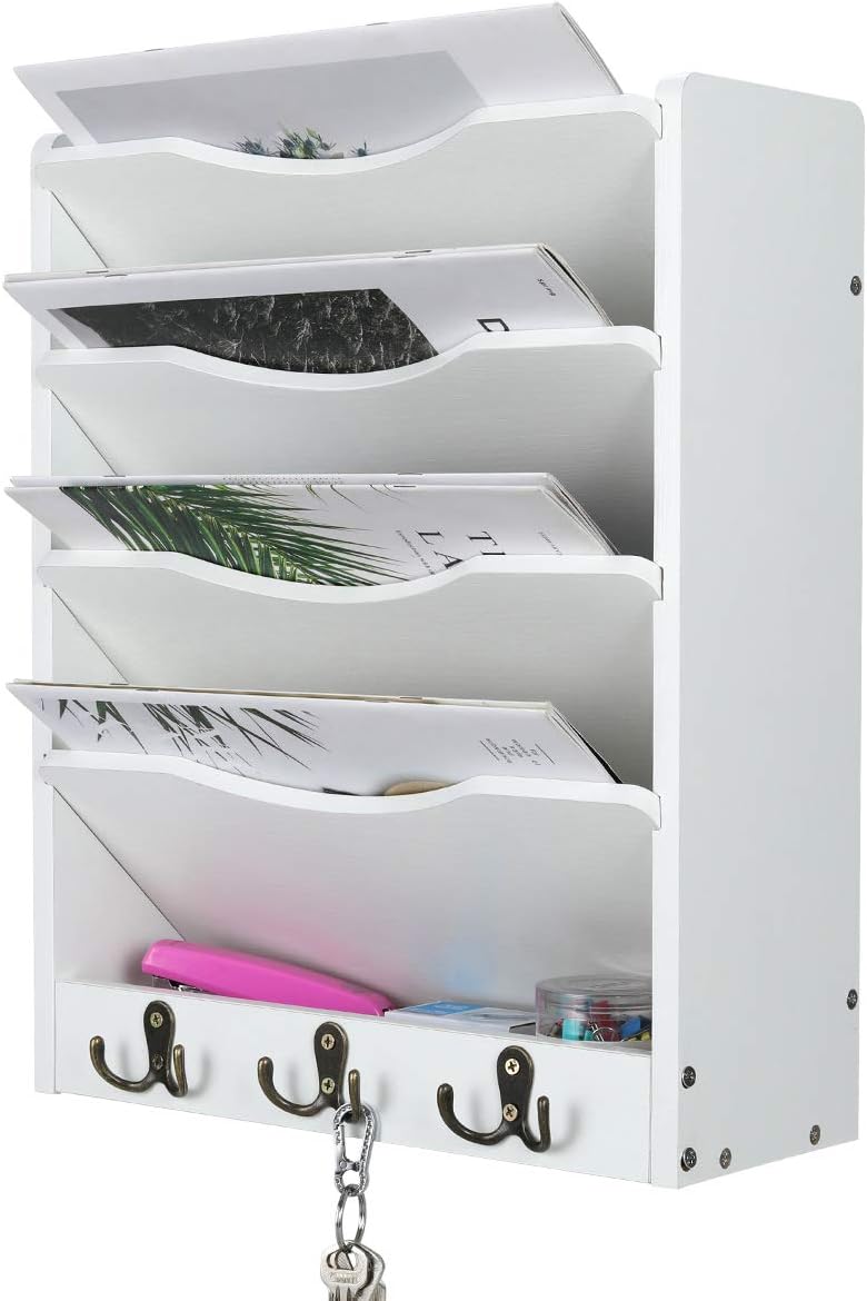 PAG-Mass 5-Tier Wall File Holder Hanging Mail Organizer Wood Magazine Literature Rack with 6 Hooks, White