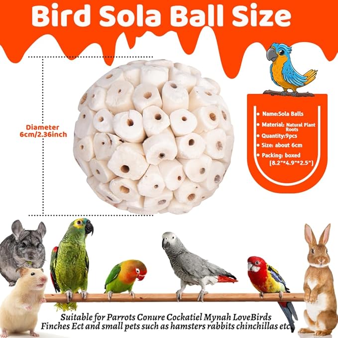 9 Pack Bird Toy Sola Balls, Natural Parrot Soft Chew Shredding & Foraging Toy, Bird Foot Balls for Cockatiel Conure Quaker Budgie Parakeet Bunny Guinea Pig Chinchilla Rabbit