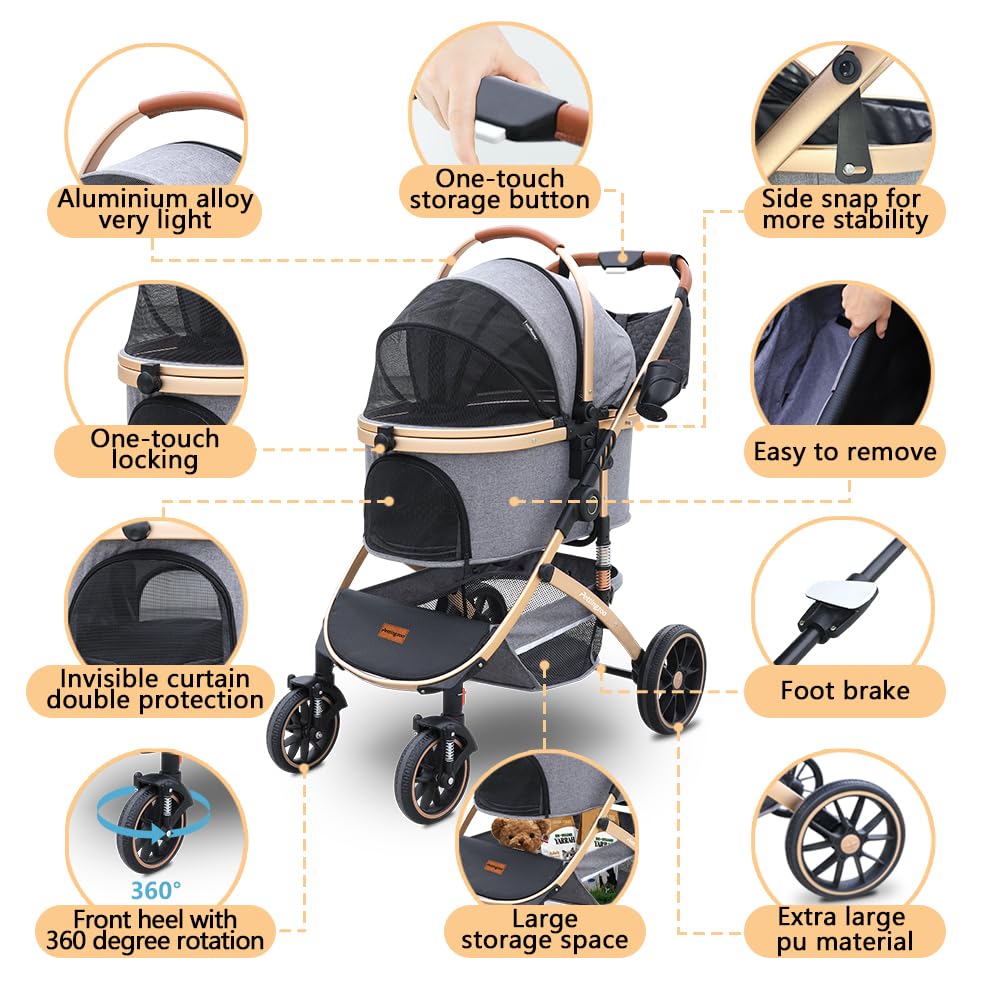 Pettingzoo Dog stroller with 4 Wheels, Folding Cat Stroller for Small/Medium/Large dogs & cats to 60 lbs, pet stroller with removable carrier, Storage BasketCup Holder,3 in1 Multifunctional Detachable
