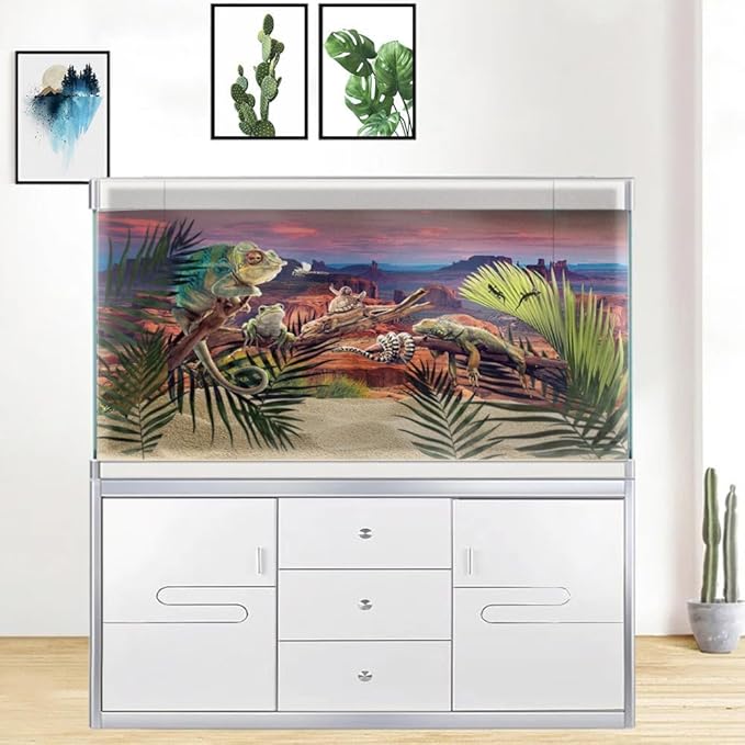 48X20IN Desert Loess Rock Cactus Oasis Reptile Habitat Background, Natural Sunset Desert Themed Terrarium Background, Aquarium Background with 10 EVA Double-Sided Tape