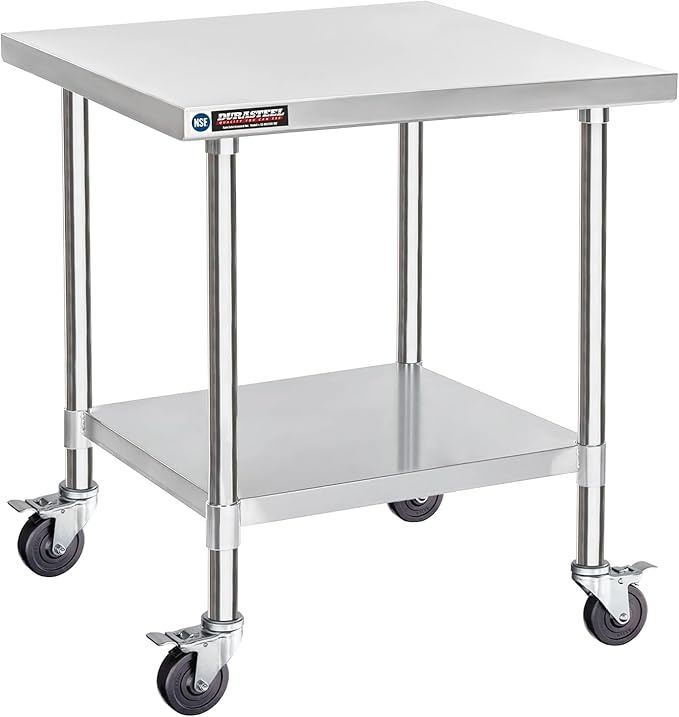 DuraSteel 30x30 NSF Stainless Steel Cart Work Table - Heavy Duty Rolling Food Prep Table Countertop Island - Metal Utility Cart on Wheels Caster, Grill Stand Storage Outdoor Kitchen Tables Bar Top