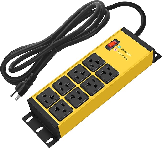 CCCEI Yellow Heavy Duty Power Strip Surge Protector 20 AMP, 8 Outlets 12 Gauge Industrial Shop Garage Metal Multiple Outlets, 25 FT Extension Cord 5-15P Adapter High Amp 6-20R T-Slot 20a for Appliance