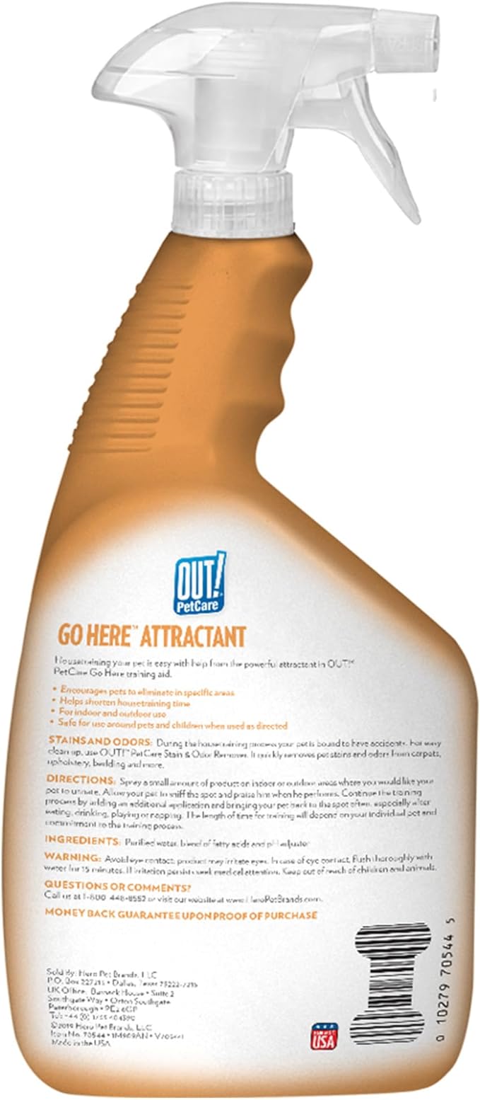 OUT! PetCare Go Here Attractant Dog and Puppy Potty Training Spray, Safe & Effective Puppy Pee Spray, Dog Housebreaking Supplies, Indoor and Outdoor House Training Tool, 32 oz