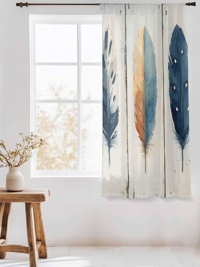 Sheer Curtains 63 Inch Length, Boho Ombre Vintage Wooden Grain Privacy Voile