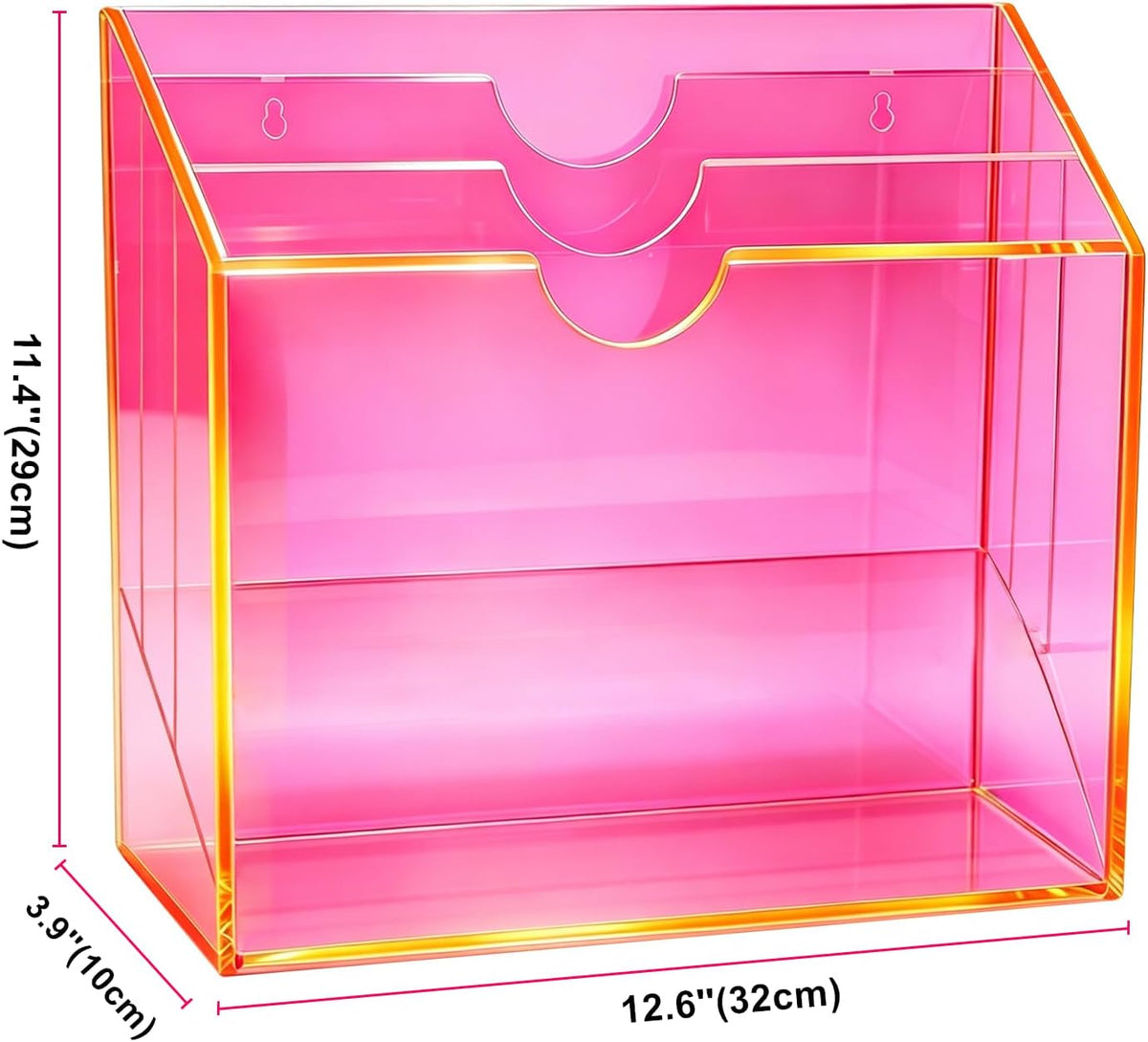 3-Tier Wall File Organizer Acrylic Hanging File Holder Magazine Holder Wall Mount, Neon Pink