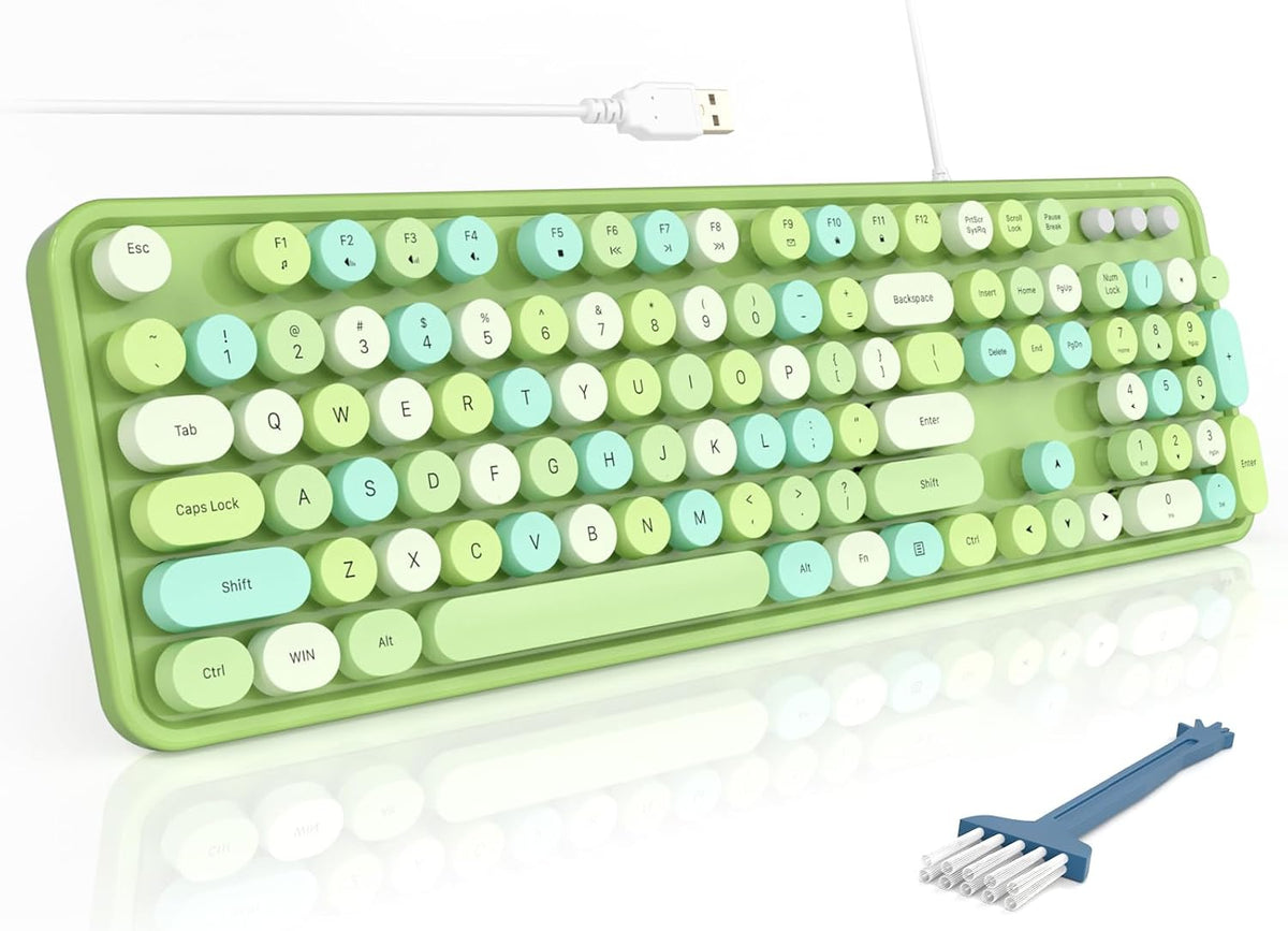 MOFII Wired Keyboard - Full Size USB Plug & Play, Retro Round Typewriter Keyboard with Foldable Stands for Windows PC Laptop (Green Colorful)