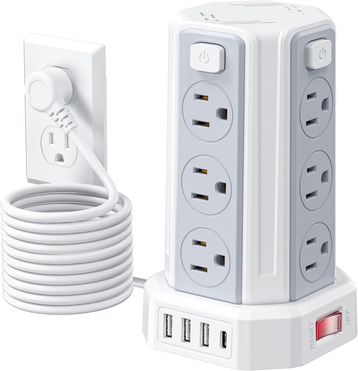 Power Strip 10 Ft Extension Cord with 12 AC Multiple Outlets 4 USB (1 USB C), SMALLRT Power Strip Tower Desktop Charging Station for Home Office College Dorm Essentials