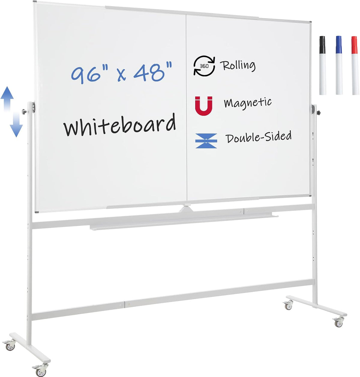 96x48 Magnetic Mobile Whiteboard on Wheel, Large Double Sided Rolling Board