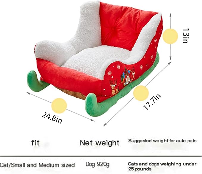 Christmas Sleigh Dog Bed, Red Cat Pet Bed, Washable and Highly Durable Indoor/Outdoor, Holiday Themed (A)