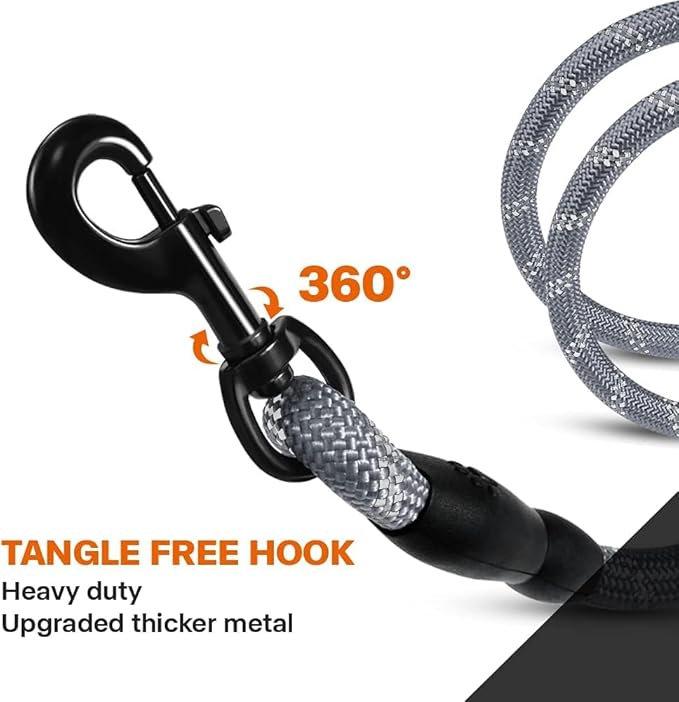 Taglory Rope Dog Leash 4 FT with Comfortable Padded Handle, Highly Reflective Threads Leash and Anti-Tangle Clip for Walking Medium Large Dogs, 1/2 inch, Grey