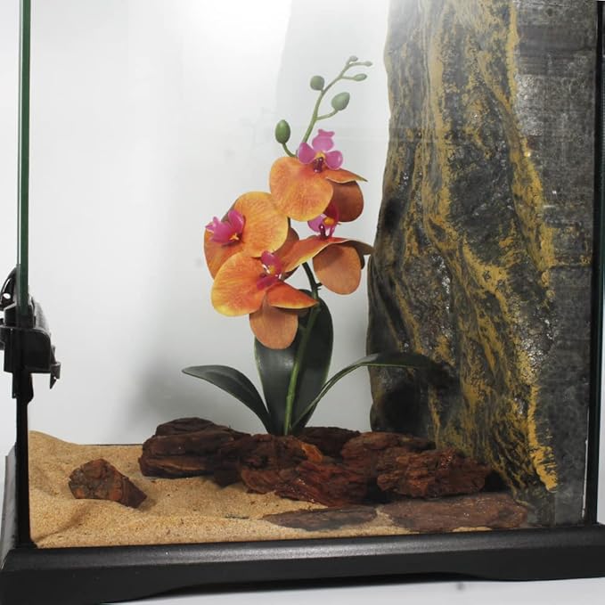 Artificial Orchids Plants, Reptile Terrarium Decor, Bearded Dragon Tank Accessories fit Crested Gecko Leopard Lizard Chameleon Tarantula Snake Frog - Yellow